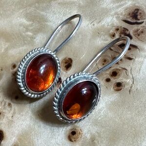 Vintage Amber and Sterling Silver Oval Dangle Earrings